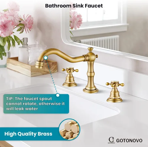 Vista 2 de gotonovo Grifo de baño de 3 agujeros y 8 pulgadas, grifo de lavabo de baño extendido, 2 asas cruzadas, grifo mezclador vintage con drenaje Latón