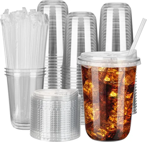 Vista 7 de 100 juegos de vasos de plástico desechables de 16 onzas sin tallo con tapas para sorber sin pajilla, tazas de café PET transparentes para café