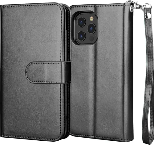 Vista 7 de NJJEX - Funda tipo cartera para iPhone 12 Pro Max, 9 ranuras para tarjetas, color negro Cuero sintético, soporte para tarjeta de crédito