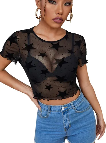 Vista 4 de SheIn Camiseta de manga corta con estampado de malla transparente para mujer