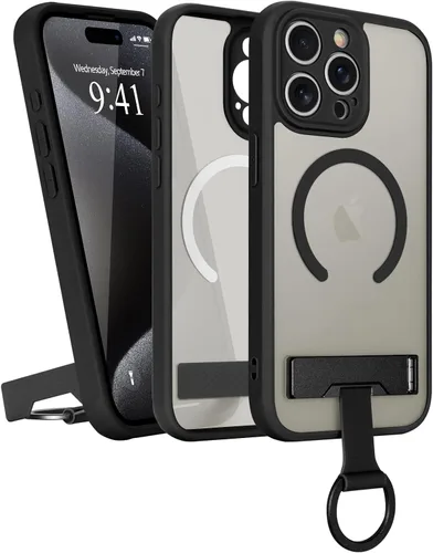 Vista 13 de Funda para iPhone 16 Pro Max, compatible con Magsafe, color negro Funda magnética mate translúcida, agarre de anillo de dedo, soporte ajustable