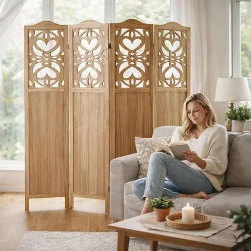Vista 6 de Divisor de habitación de 4 paneles totalmente montado, separadores de habitación tallados y pantallas plegables, divisor de madera de 5.6 pies