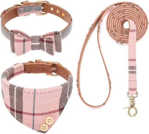 Vista 24 de EXPAWLORER Juego de collar y correa para cachorros, collar clásico a cuadros para perros pequeños con corbatín, bonito juego de collar y correa