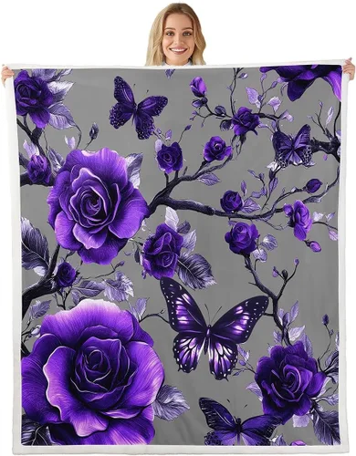 Vista 9 de Manta de franela azul rosa para todas las estaciones, manta de cama gótica de mariposa para decoración del hogar kawaii, manta rústica con flores