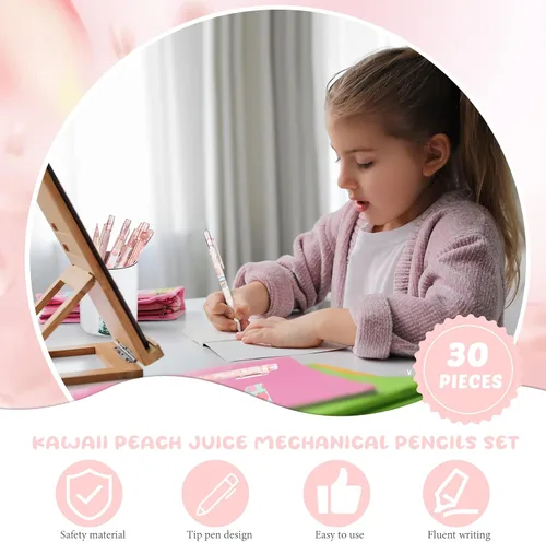 Vista 5 de Breling - Juego de 30 lápices mecánicos Kawaii Peach de regalo, 12 lápices mecánicos japoneses, 6 lindos borradores de melocotón, 12 tubos