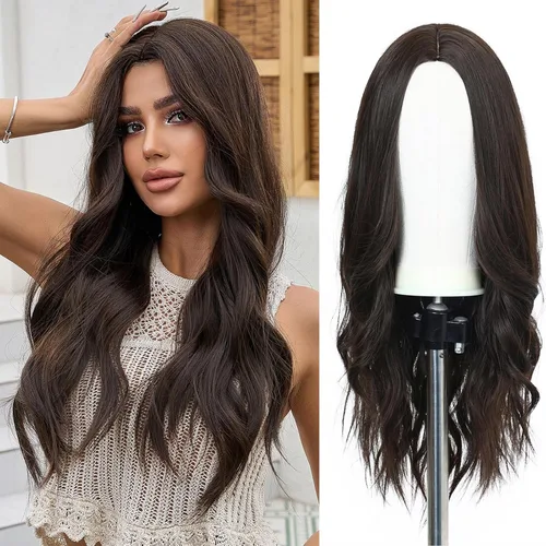 Vista 25 de Esmee Pelucas largas de color castaño rojizo ombré para mujer, peluca de cabello sintético ondulado y rizado natural para uso diario, fiestas