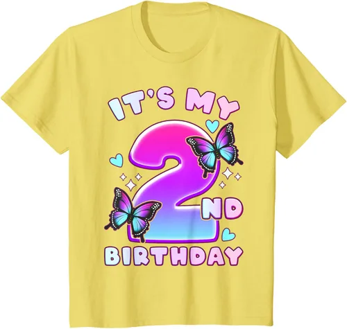 Vista 6 de Camiseta de 2º cumpleaños para niña de 2 años con mariposas y número 2 Negro