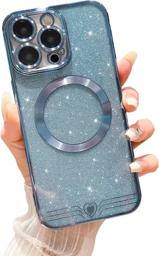 Vista 8 de Funda magnética para iPhone 15 Pro, compatible con Magsafe, funda transparente con purpurina de corazón de amor para mujeres y niñas, protección