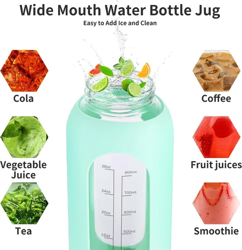 Vista 5 de EALGRO Botella de agua de vidrio de 32 onzas con popote y asa, frasco de agua motivacional deportivo con funda de silicona, taza grande a prueba