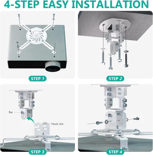 Vista 8 de WALI Soporte de techo para proyector, soporte universal para proyector de perfil bajo con brazos retráctiles y función de ajuste múltiple Blanco