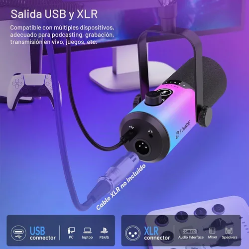 Vista 3 de FDUCE Juego de micrófono dinámico para juegos, micrófono de computadora USB/XLR para podcast con soporte de brazo extensible, luz RGB, botón