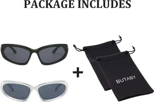 Vista 7 de BUTABY Gafas de sol envolventes de moda para mujeres y hombres ovaladas futuristas oscuras para deportes al aire libre protección UV400
