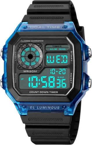 Vista 5 de PASOY Reloj de pulsera digital multifunción para hombre, con hora doble, alarma, cronómetro, cuenta regresiva, retroiluminación, resistente al agua
