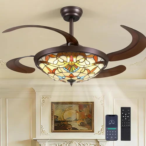 Vista 9 de Ventiladores de techo Tiffany de 42" con luces, ventilador de techo de vidrio manchado, ventilador de techo retráctil con candelabro y control