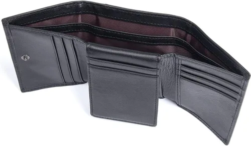 Vista 4 de RFID bloqueo genuino cuero de vaca triple tarjeta cartera para hombres con 2 ventanas de identificación