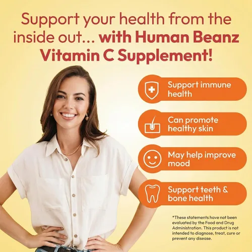 Vista 4 de Human Beanz Gomitas de gelatina de vitamina C para adultos, suplementos dietéticos de apoyo inmunológico, vegetariano, 120 granos de gelatina Citrus
