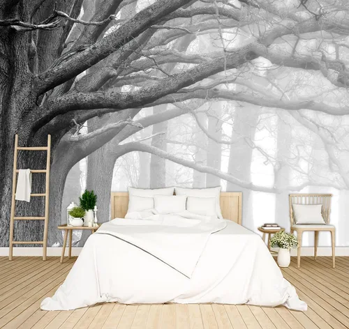 Vista 7 de Hermoso papel pintado de naturaleza verde con bosque grande, árbol gigante, paisajes de la jungla, murales de escenas de dormitorio, decoración