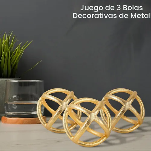 Vista 2 de Juego de 3 bolas decorativas, hechas a mano, de aluminio, decoración Oro envejecido