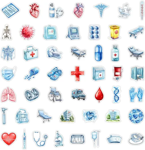 Vista 2 de 50 calcomanías para equipos médicos, calcomanías de vinilo con temática de médico, paquete de suministros médicos impermeables para botella de agua