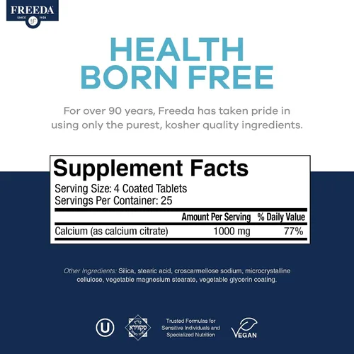 Vista 4 de Freeda Citrato de calcio – Suplemento vegano Kosher para fortalecer los huesos – Apoya la densidad ósea y la función muscular – Calcio 1000 mg por