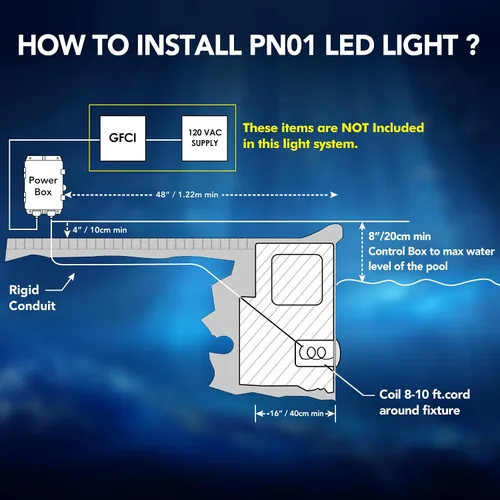 Vista 7 de PN01 LED Sistema de iluminación de piscina enterrada 120V CA 10 pulgadas 40W, 6500K blanco frío, cable de 100 pies