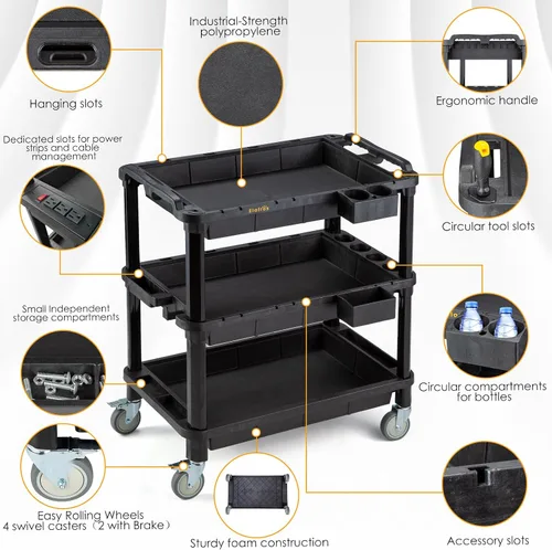 Vista 3 de Carrito utilitario con ruedas de 3 estantes, 32.4 x 18.3 pulgadas Multi-Use Service Tool Cart, 500 lbs Capacity, Deep Shelves, Industrial-Grade