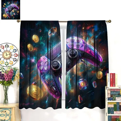 Vista 3 de Cortinas de juego Cool Space Galaxy Game Controller Tech Circuit Board Cosmic Rod Pocket Tratamientos de ventana para niños, dormitorio, habitación