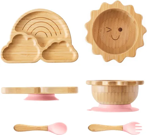 Vista 9 de let's make Juego de Platos y Cuencos de Bambú con Ventosa para Bebé y Niño Pequeño, Bandeja Dividida, Cuenco de Comida con Tenedor y Cuchara de Set
