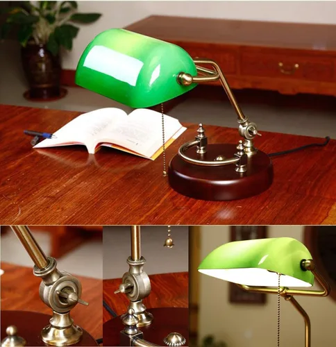 Vista 4 de Lámpara de banco antigua, lámpara de escritorio retro, pantalla de cristal verde hecha a mano, lámpara de escritorio de metal ajustable, lámpara