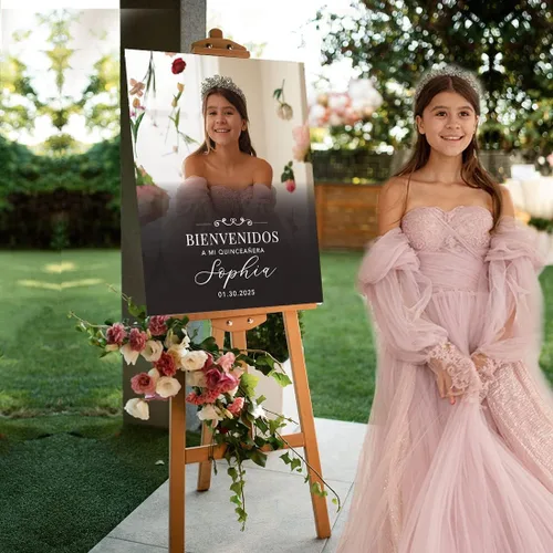Vista 3 de Andaz Press Letrero de bienvenida de quinceañera grande personalizado, Art Deco Bienvenidos de 16 x 20 pulgadas, lienzo premontado para fotos