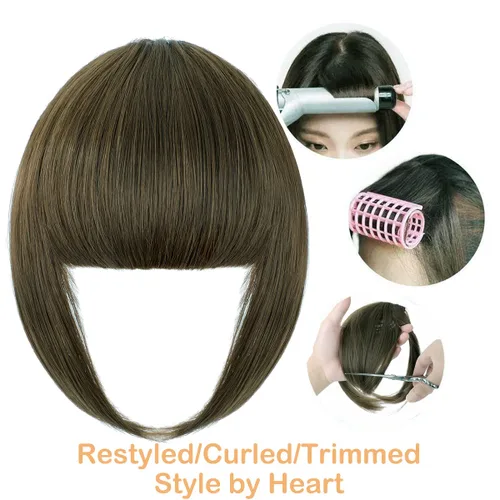 Vista 6 de Extensiones de clip de cabello francés, fleco natural grueso curvado con patillas largas con clip recto para mujer