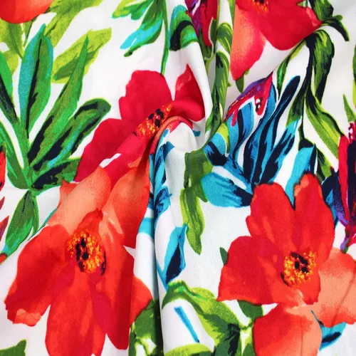 Vista 3 de Texco Inc Scuba Crepe Knit Flora Tropical Pattern/2-Way Stretch Prints Tela/Proyectos de bricolaje, nectarina blanca rota 5 yardas