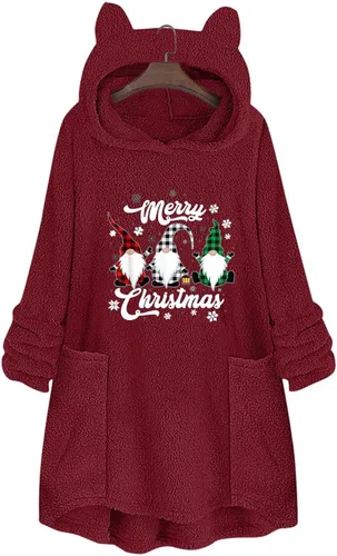 Vista 2 de Ausyst Sudaderas con capucha de Navidad para mujer, sudaderas de sherpa de forro polar mullido, lindo gnomo, estampado de gnomos, abrigos mullidos