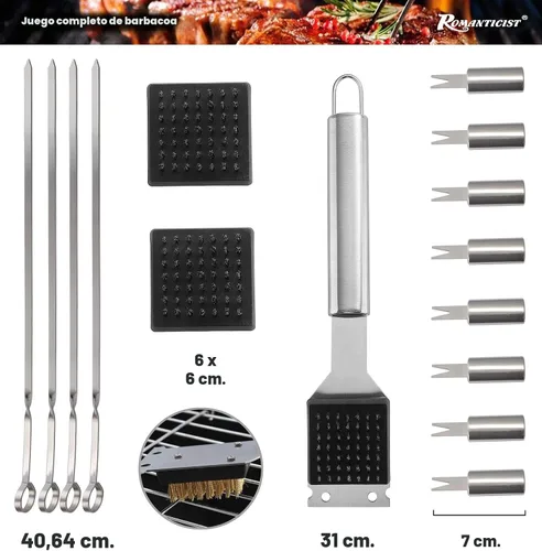 Vista 3 de ROMANTICIST Juego de 23 accesorios imprescindibles para parrilla de barbacoa con termómetro en estuche, juego de herramientas de barbacoa de acero