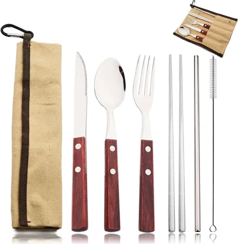 Vista 10 de JASHII Juego de cubiertos de acero inoxidable 304 con mango de madera, juego de cubiertos de madera para viaje, cuchillo de campamento, tenedor