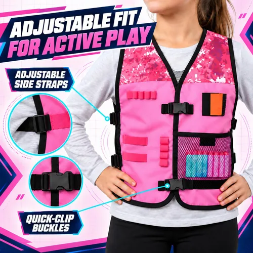 Vista 5 de Set de chaleco táctico rosa para niñas con pistola para Nerf Rebelle y N-Strike Elite Series con 30 dardos de recarga, clip de recarga rápida