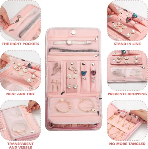 Vista 5 de Organizador de joyas de viaje pequeño plegable organizador de viaje de joyería rosa, bolsa de joyería rosa, organizador de viaje, organizador