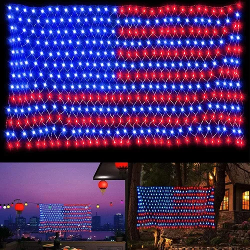 Vista 9 de Luces solares de bandera estadounidense, 420 luces LED impermeables de red de bandera estadounidense, decoraciones del día de la independencia, 8