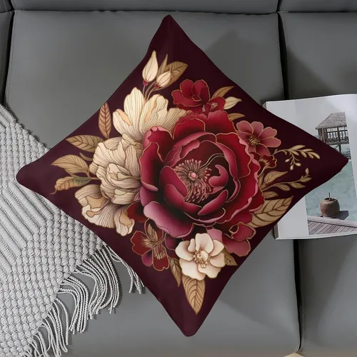 Vista 6 de Fundas de cojín de satén elegantes, decorativas florales burdeos, suaves y lujosas, elegantes fundas de almohada de terciopelo floral para sofá