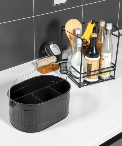 Vista 7 de CLEENTABLE Organizador rústico galvanizado para utensilios – Soporte de cubiertos de granja para cocina, comedor, picnic, fiestas, organizador