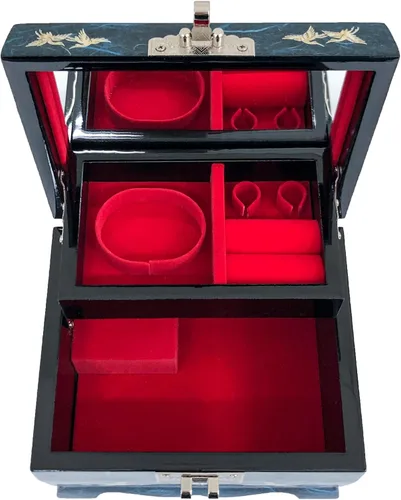 Vista 6 de Fun-Store Caja de madera con incrustaciones de nácar con incrustaciones de nácar, caja de madera, diseño de árbol de grúa, espejo, recuerdo, tesoro