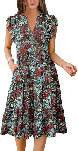 Vista 18 de ANRABESS Vestido de verano para mujer, manga con volantes, cuello en V, vestido midi a la moda, casual, holgado, escalonado, bohemio, playa
