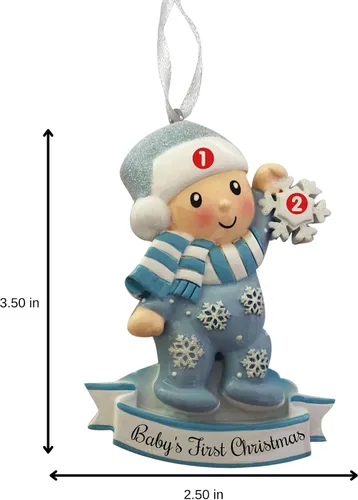 Vista 4 de Adorno personalizado para bebé niño en pijama con copo de nieve 2024, adorno para primer árbol de Navidad, decoración artesanal personalizada