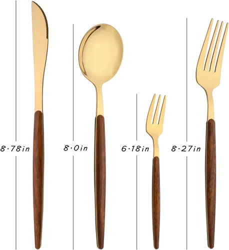 Vista 2 de Juego de cubiertos de 16 piezas con tenedor de pastel, juego de cubiertos de acero inoxidable dorado, juego de utensilios de comer con mango