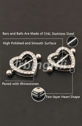 Vista 3 de Piercing de pezón de acero inoxidable con forma de corazón para mujer, piercing para el cuerpo, joyería 14G