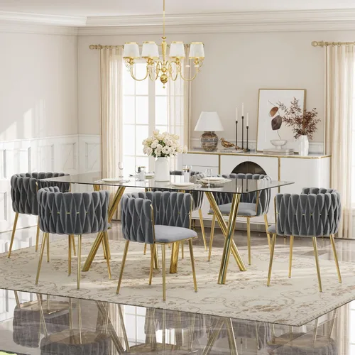 Vista 24 de Glam Style - Juego de mesa de comedor de 5 piezas para 4, mesa de comedor rectangular de vidrio templado de 51 pulgadas con base de metal dorado