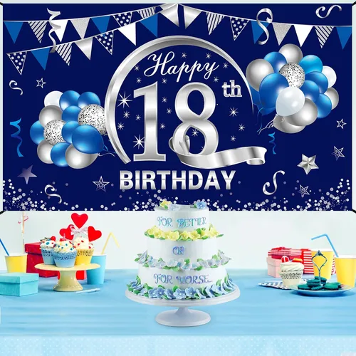 Vista 4 de Cartel de cumpleaños número 18 azul y plateado para hombres y niños, suministros de fiesta de telón de fondo de feliz cumpleaños de 18 años, póster