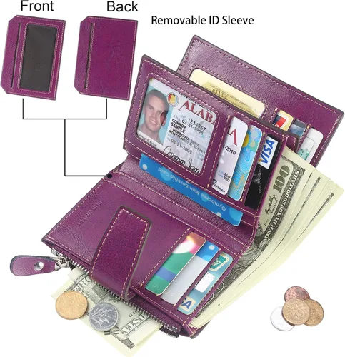 Vista 2 de Lavemi Pequeña cartera compacta para mujer, con bloqueo RFID, de piel auténtica, plegable, con ventanas de identificación