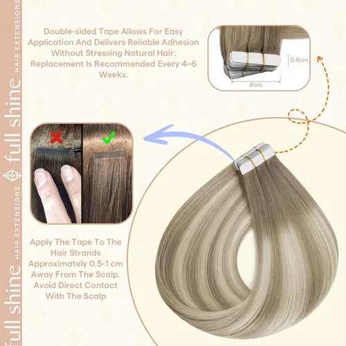Vista 76 de Full Shine - Extensiones de cabello humano con cinta, mezcla de rubio hongo # 8 castaño ceniza resaltado 60 rubio ceniza