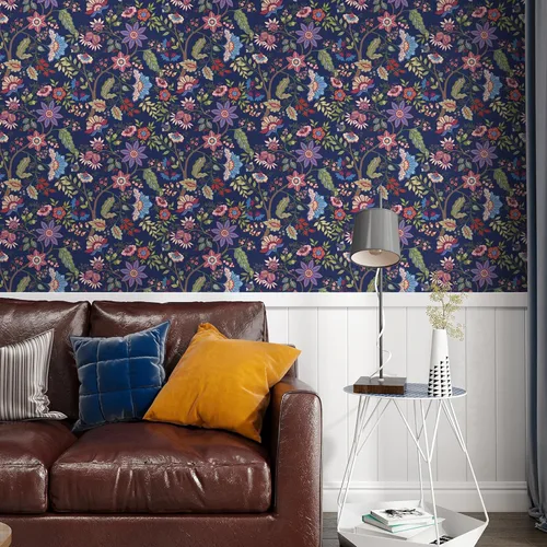 Vista 5 de VaryPaper Papel tapiz de 17.7 x 78.7 pulgadas, papel tapiz floral exótico azul para paredes, papel de contacto floral bohemio para paredes, papel